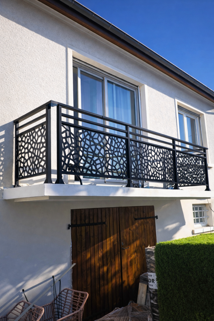 Garde-corps aluminium Cadiou style Brini décor Leien gris anthracite RAL 7016 sur façade de maison